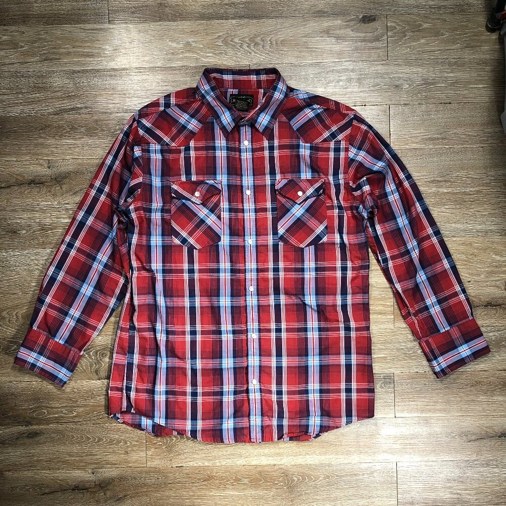 High Noon Pearl Snap Shirt Men Large Red Plaid Western Cut Long Sleeve Vintage